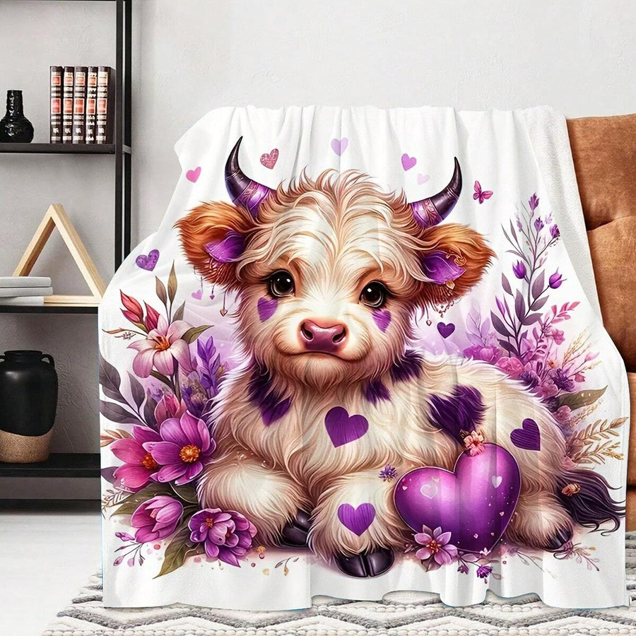 Fashionable Purple Heart-Shaped Floral Highland Cattle Flannel Blankets & Throws Sofa Towel Soft Comfortable Throws Blankets Birthday Gifts Family HolidayDaily CoupleParty Anniversary Wedding Souvenir Blankets Halloween Christmas Graduation Season