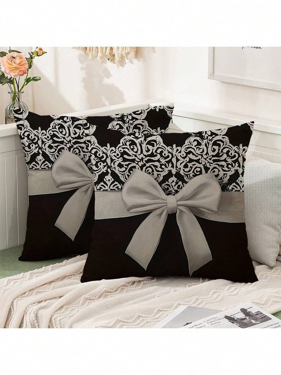 2pcs Modern Black & White European Pattern Bow Design Single-Sided Printed Pillowcase, Soft Polyester Fabric, 45cm X 45cm, Machine Washable, Suitable For Sofa, Chair, Bed, Car, Living Room, Office Decor Cushion Cover (Pillow Insert Not Included)