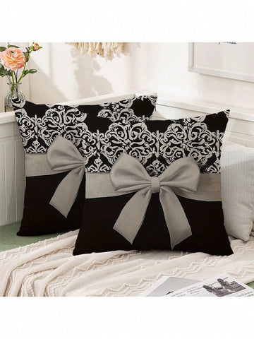 2pcs Modern Black & White European Pattern Bow Design Single-Sided Printed Pillowcase, Soft Polyester Fabric, 45cm X 45cm, Machine Washable, Suitable For Sofa, Chair, Bed, Car, Living Room, Office Decor Cushion Cover (Pillow Insert Not Included)