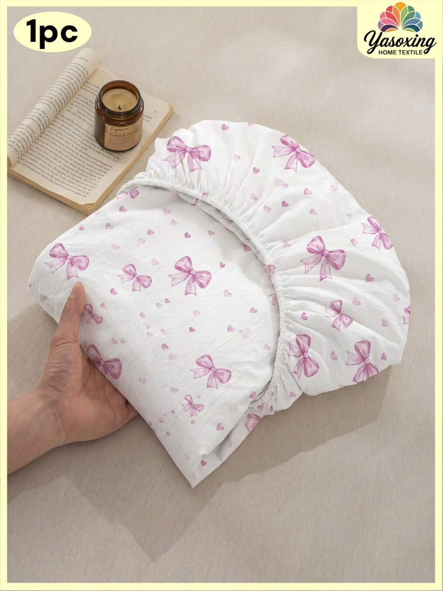1PC Ins Style Pink Bow Tiny Heart Pattern Fitted Sheet Without Filler, Fitted Sheet For Bedroom Brushed Microfiber Breathable Comfortable 1pc Fitted Sheet King Queen Full Twin Size